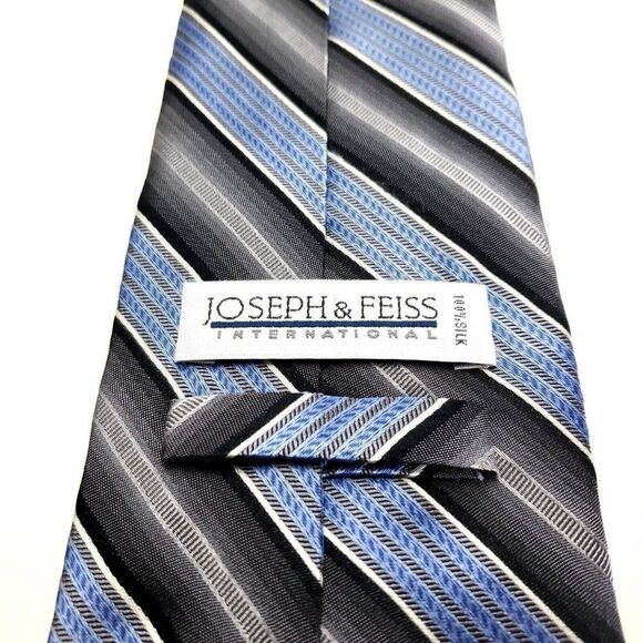Joseph Feiss International Woven Gray Blue Striped Silk Tie Wide‎ - Picture 3 of 6